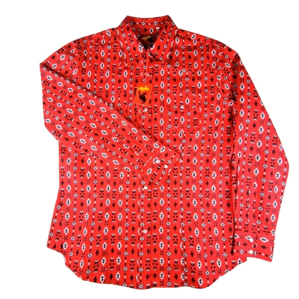 Rodeo Clothing Co Shirt Large Red Geometric Long Sleeve Snap Front Western